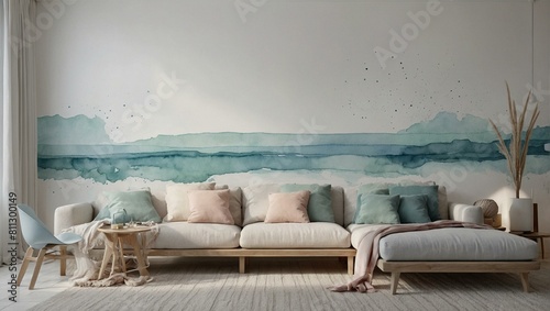 Modern living room with serene watercolor wall mural