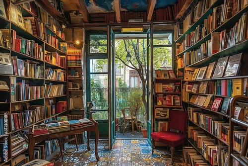 A room filled with numerous books arranged on shelves next to a window  A quaint bookstore filled with shelves of colorful books