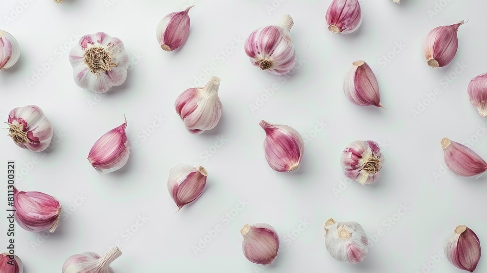 Garlic arranged on a white surface from a top perspective