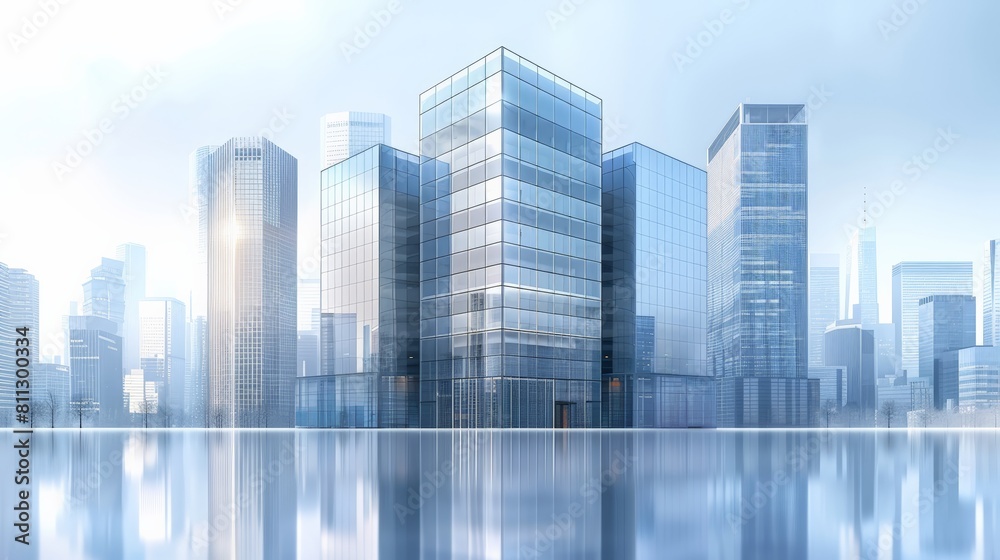City skyline with tall buildings and a large body of water in the background