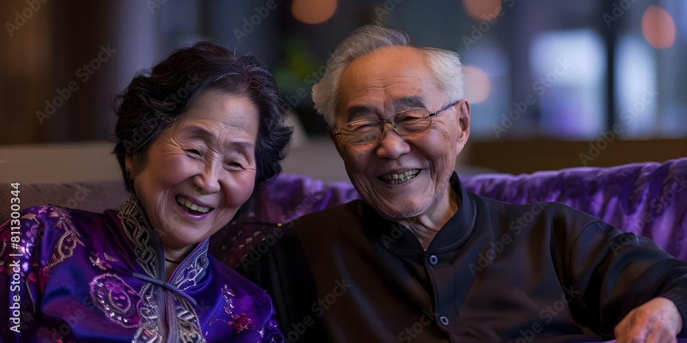 Joyful Elderly Asian Couple Engaged in Conversation and Laughter on Sofa at Home. Concept Elderly Couple, Conversation, Laughter, Sofa, Home