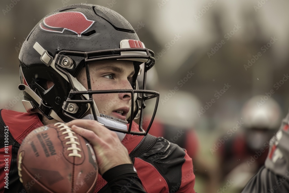 A young man stands on a field, holding a football while preparing to throw it, A quarterback preparing to throw the ball, with focused determination on his face A young man stands on a field, holding a football while preparing to throw it, A quarterback preparing to throw the ball, with focused determination on his face