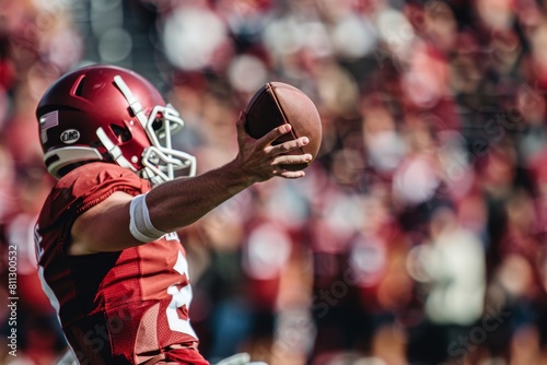 A close-up of a football player firmly gripping a ball, showcasing strength and focus, A quarterback throwing a perfect spiral pass photo