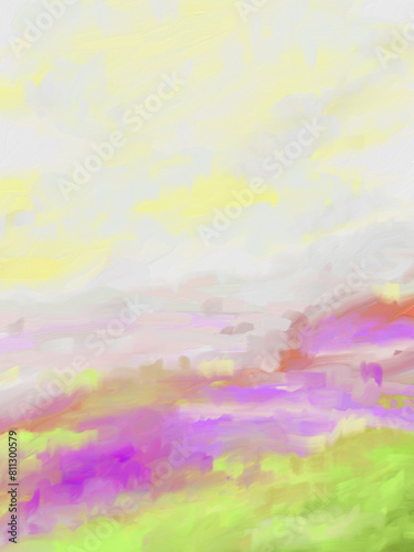 Impressionistic Digital Painting of Foothills, Hills or Valley in Vibrant & Pastel Colors - Purple, Green, Yellow Art, Digital Painting, Artwork, Illustration, Design with Paint Texture