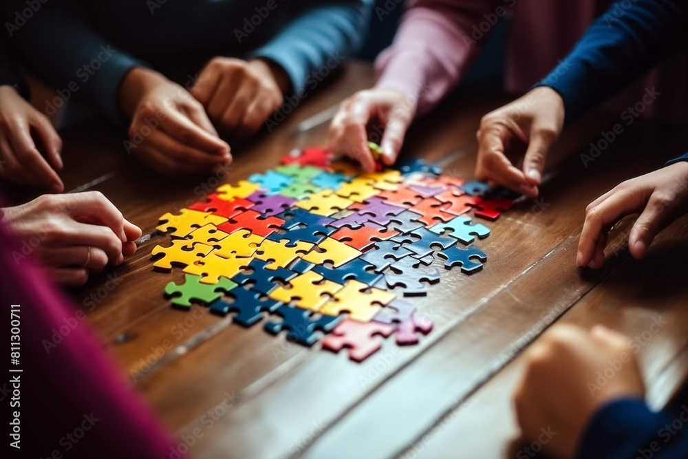 Close up of multiethnic group of people assembling jigsaw puzzle Close up of multiethnic group of people assembling jigsaw puzzle