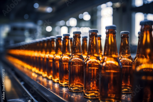 Production line of beer factory. Conveyor belt with bottles. Industrial background