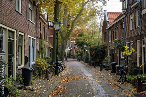 A narrow street flanked by old brick buildings and leafy trees, A quiet street with old brick buildings and leafy trees