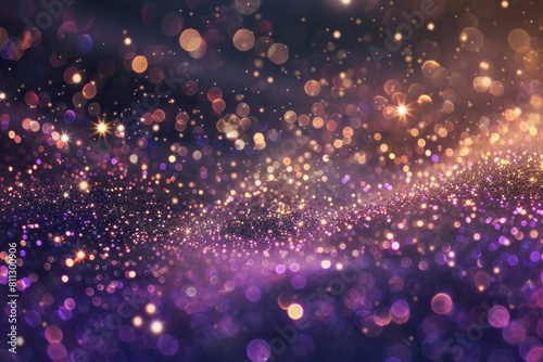 Radiant burst of glittering specks in a blurry purple and gold background, A radiant burst of glittering specks that dance and twinkle in the light