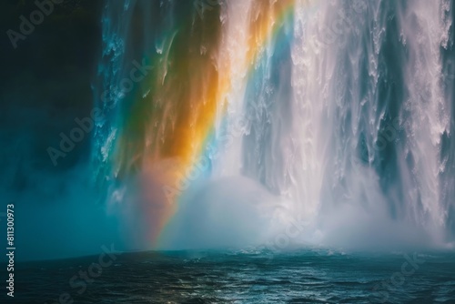 A powerful waterfall cascading down with a vibrant rainbow in the center of the spray  A rainbow forming in the spray of a powerful waterfall