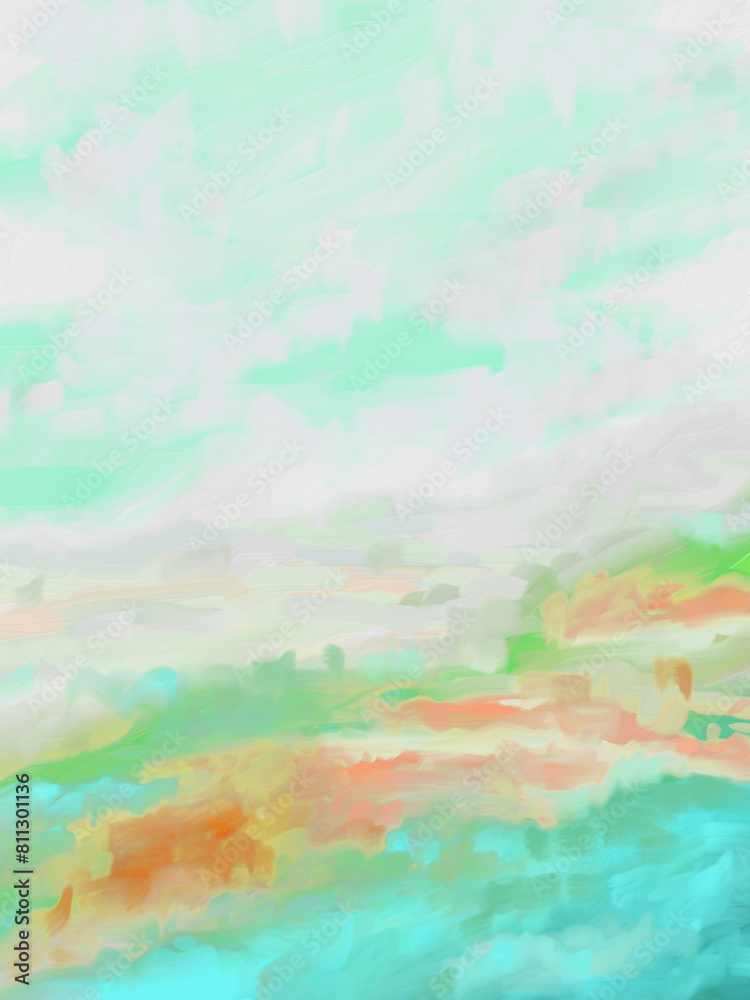 Impressionistic Digital Painting of Foothills, Hills or Valley in Vibrant & Pastel Colors - Aqua, Green, Orange Art, Digital Painting, Artwork, Illustration, Design with Paint Texture