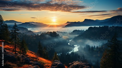 Sun Setting Over Mountain Valley