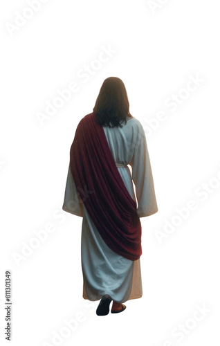 Full view silhouette of Jesus Christ walking away. Fully visible. Transparent background PNG. White and red robe. Long hair. Prophet. Disciple. Religious Christian concept art.