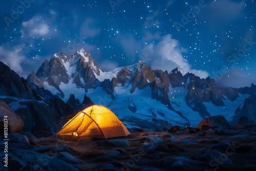 Nighttime on a mountain with tent under a sky full of stars
