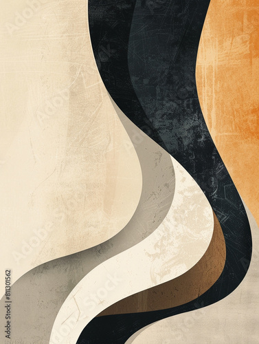Minimalistic abstract geometric smooth image in beige, black and white tones, on a neutral background, without textures