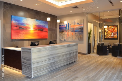 Reception area with a sleek desk and contemporary painting on the wall, A reception area with a sleek desk and modern artwork on the walls photo