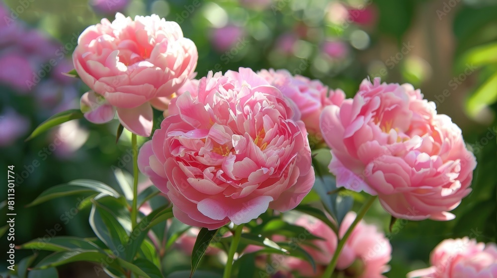 Fototapeta premium Pink peonies shining in the summer garden