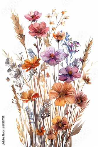 watercolor dried wildflowers with stems  wheat grasses  fall colors  peach blush lilac brown colors