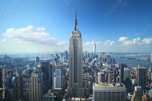 A view captured from the top of the rock showcasing the Empire Building  A reconstructed Empire State Building made entirely of recycled materials