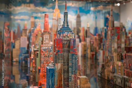 A detailed model of a city featuring a cluster of tall buildings, A reconstructed Empire State Building made entirely of recycled materials