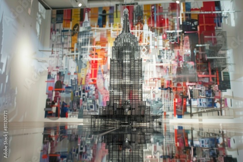 A large building, resembling the Empire State Building, is reflected in the calm waters, A reconstructed Empire State Building made entirely of recycled materials