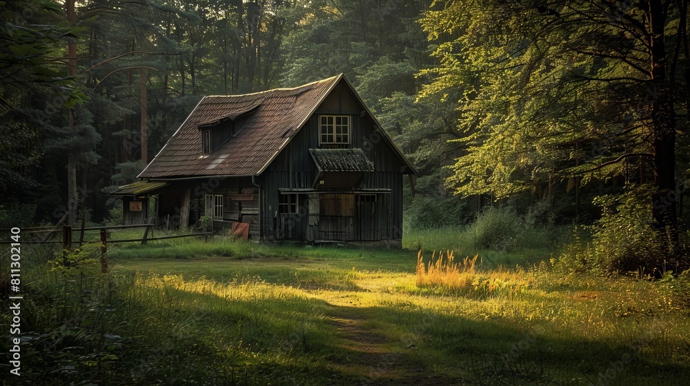 A small house in the middle of a forest.