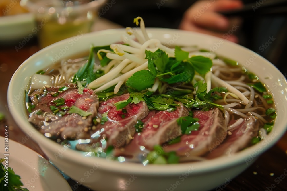 A bowl of beef pho noodle soup served on a wooden table, A refreshing bowl of pho, filled with rice noodles, thinly sliced beef, and fragrant herbs A bowl of beef pho noodle soup served on a wooden table, A refreshing bowl of pho, filled with rice noodles, thinly sliced beef, and fragrant herbs