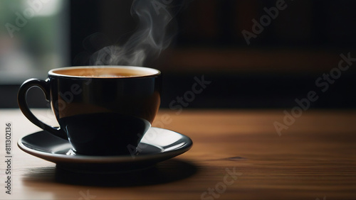 A steaming cup of coffee on a saucer, resting on a wooden table. The focus is on the rising steam and the dark color of the coffee contrasted with the lighter tones of the mug and saucer.