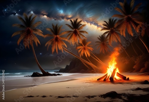 Flickering bonfire on a secluded, sandy beach at night, with the silhouettes of lush palm trees gently swaying and a breathtaking, starry sky above photo