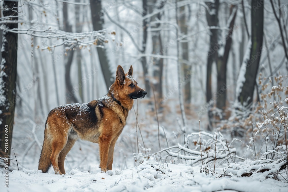 Regal German Shepherd dog standing in the snow within a forest setting, A regal german shepherd standing guard in a snowy forest Regal German Shepherd dog standing in the snow within a forest setting, A regal german shepherd standing guard in a snowy forest