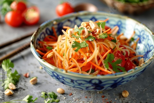 Bowl filled with noodles, mixed vegetables, and papaya salad in blue and white setting, A refreshing papaya salad made with shredded green papaya, cherry tomatoes, and crushed peanuts