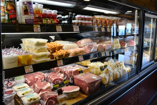 Various types of fresh meat neatly arranged in a refrigerated display case at a grocery store, A refrigerated section stocked with dairy products and meats