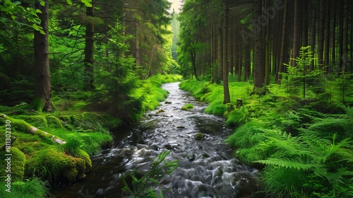 A stream runs through a lush green forest. photo