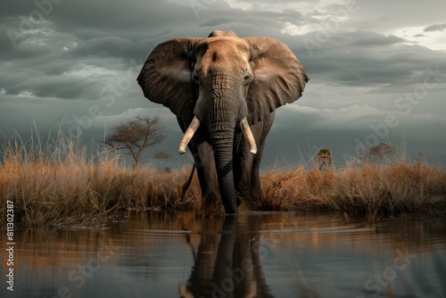Majestic elephant standing in the water while drinking, A regal elephant drinking from a watering hole