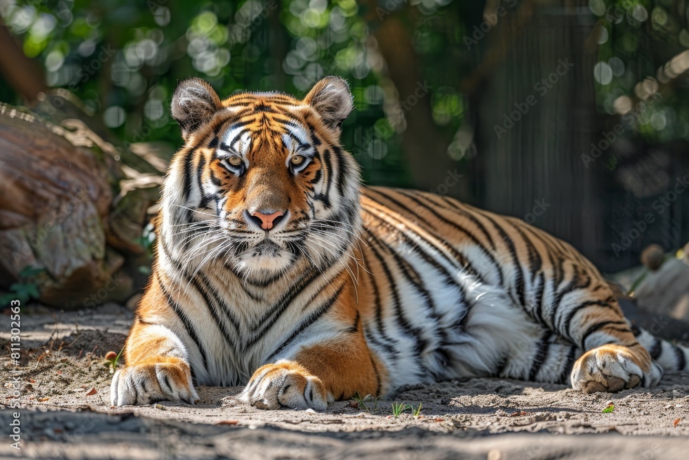 A tiger rests on the ground in a zoo enclosure under the sun, A regal tiger lounging in the sun A tiger rests on the ground in a zoo enclosure under the sun, A regal tiger lounging in the sun