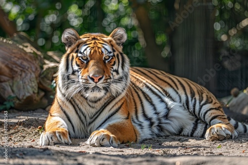 A tiger rests on the ground in a zoo enclosure under the sun  A regal tiger lounging in the sun