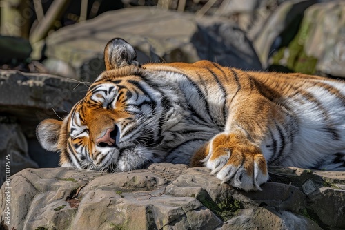 A majestic tiger lying on top of a rocky surface  A regal tiger lounging in the sun