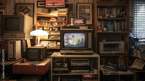 A television, gaming console, or computer for entertainment purposes. These might be accompanied by stacks of video games, DVDs, or streaming subscriptions  photo
