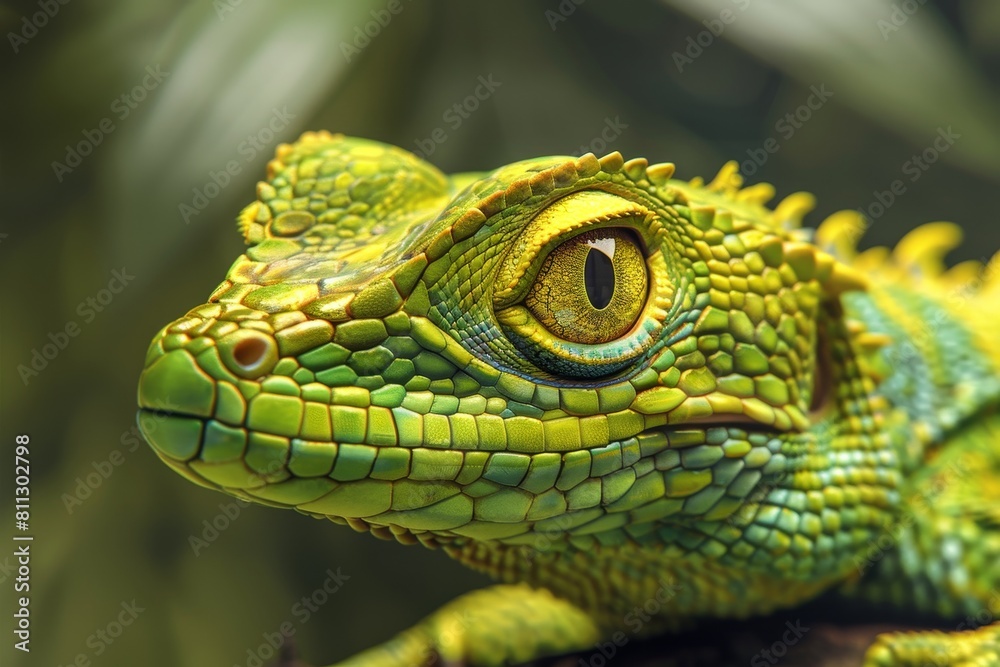 Close up view of a lizard with vibrant green scales and sharp yellow markings, A reptile with vibrant green scales and sharp, yellow eyes