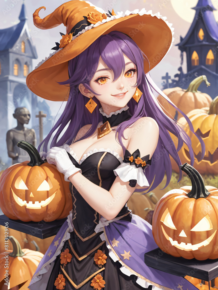 Sexy Girl With Pumpkin Halloween Painting Generative AI Illustration 