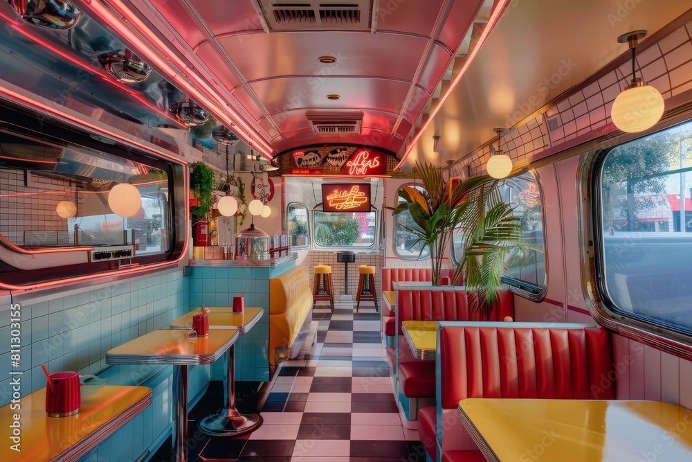 A vintage diner car featuring a checkered floor and vibrant red and yellow booths for seating, A retro-chic food truck with a retro aesthetic, serving up classic diner favorites with a modern twist