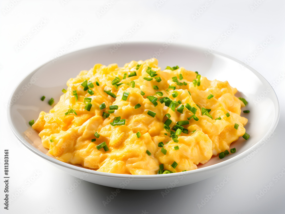 Healthy breakfast idea with scrambled eggs with herbs, white background Healthy breakfast idea with scrambled eggs with herbs, white background