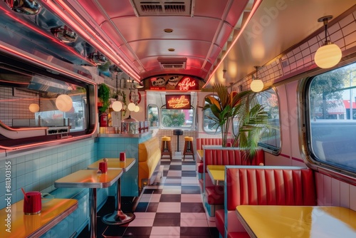 A vintage diner car featuring a checkered floor and vibrant red and yellow booths for seating, A retro-chic food truck with a retro aesthetic, serving up classic diner favorites with a modern twist © Iftikhar alam