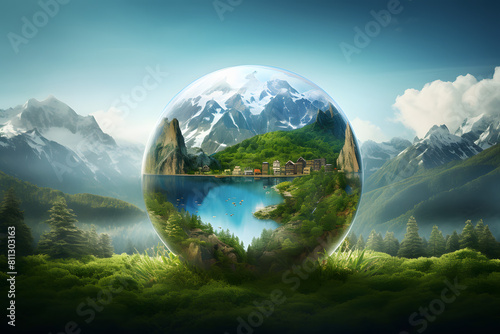 Conceptual depiction of a globe nestled in natural settings, with a backdrop of mountains and rivers, emphasizing eco-friendly  Generative AI, © Ajrak