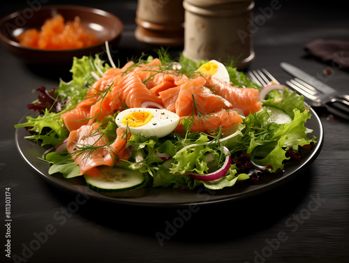 Healthy salad with smoked salmon, cooked egg and fresh vegetables on a plate