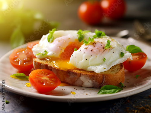 Pouched egg on a toasted bread slice with fresh tomatoes on a plate, healthy breakfast idea concept