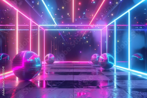 A room filled with disco balls reflecting neon lights  creating a vibrant and energetic atmosphere  A retro-inspired background with neon lights and disco balls