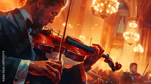 A violinist passionately plays their violin during a concert. photo
