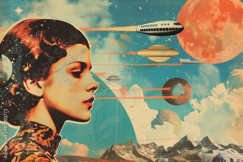 Painting depicting a woman standing in front of a space ship, A retro-inspired collage of vintage illustrations