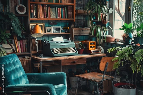 A room abundant with various plants and a vintage typewriter, A retro-inspired home office with an old-fashioned typewriter photo