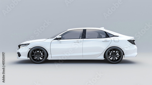 A sleek and stylish white sedan is shown in profile on a grey background. © Farm